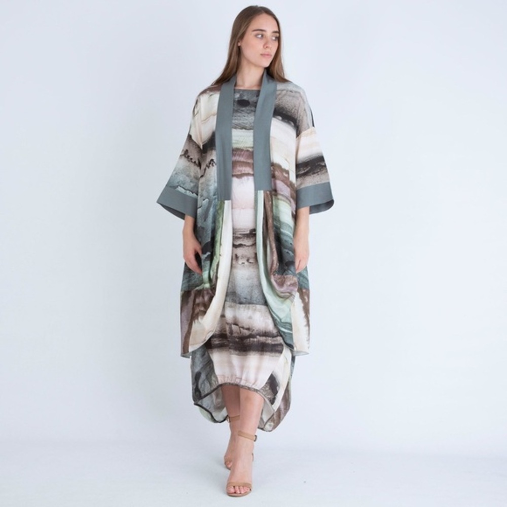 OZAI N KU Linen Blend Draped Hacker Summer Kimino Jacket Duster Cardigan
